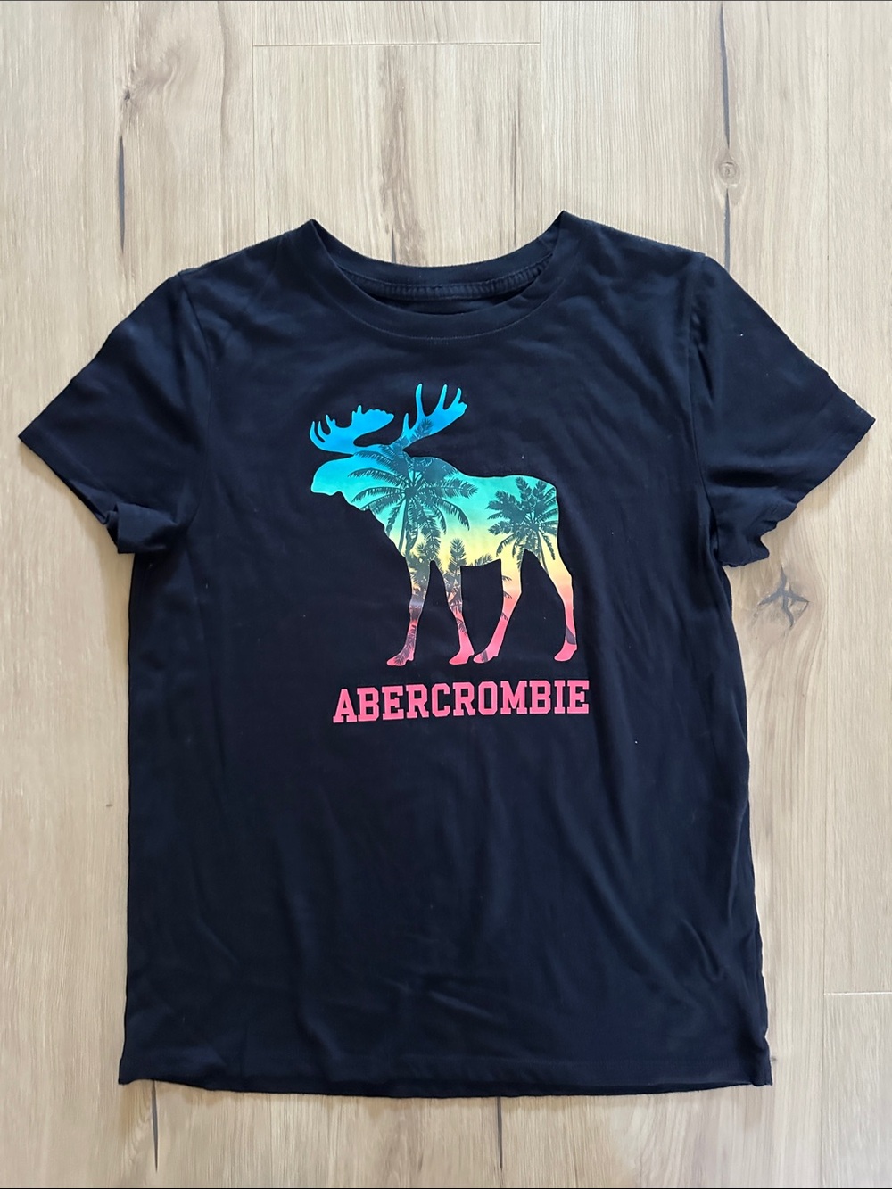 Abercrombie Black Tee with Tropical Moose in Blue, Yellow & Pink